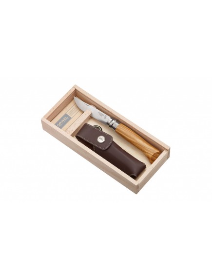 Нож складной Opinel №8 VRI Classic Woods Traditions Olivewood в деревянном кейсе и с кожаным чехлом 