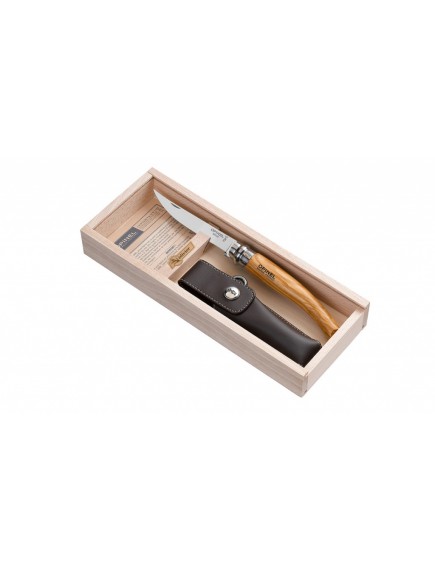 Нож складной филейный Opinel №10 VRI Folding Slim Olivewood в деревянном кейсе и с кожаным чехлом Нож складной филейный Opinel №10 VRI Folding Slim Olivewood в деревянном кейсе и с кожаным чехлом