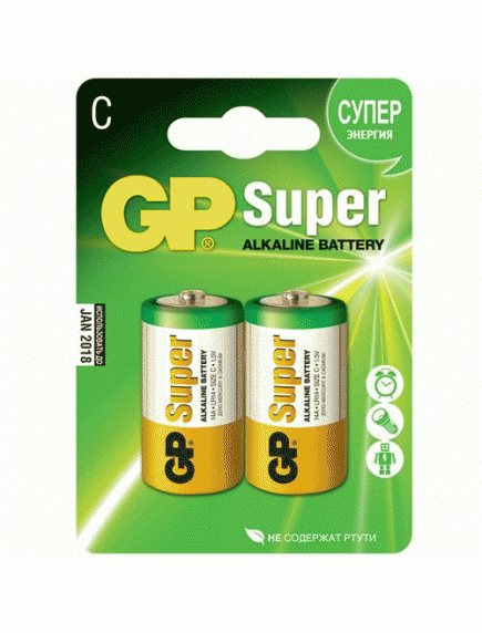 Батарейка GP Super alkaline C LR14-2BL (14A-2CR2) - тип С - 2 штуки в упаковке Батарейка GP Super alkaline C LR14-2BL (14A-2CR2) - тип С - 2 штуки в упаковке